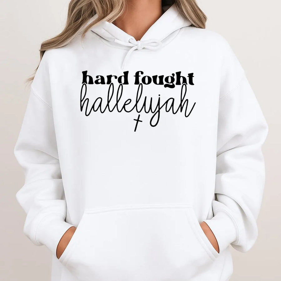 Hard Fought Hallelujah Hoodie | Christian Faith Graphic Pullover | Soft Cotton Blend Comfort | Religious Gift for Men and Women
