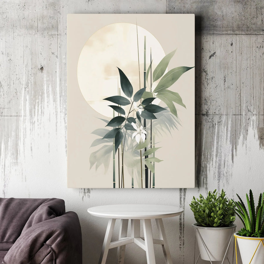 Japandi Wall Art | Bamboo Leaves and Full Moon Print | Gallery Quality 1.25-Inch Canvas | Modern Minimalist Home Decor Gift