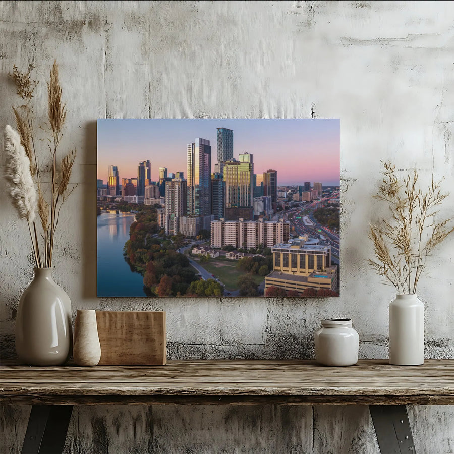 Austin Texas Skyline Horizontal Canvas | Downtown Cityscape Sunset Photo Wall Art | Premium 1.25 Inch Gallery Wrap | Texas Travel Decor Gift for Home or Office