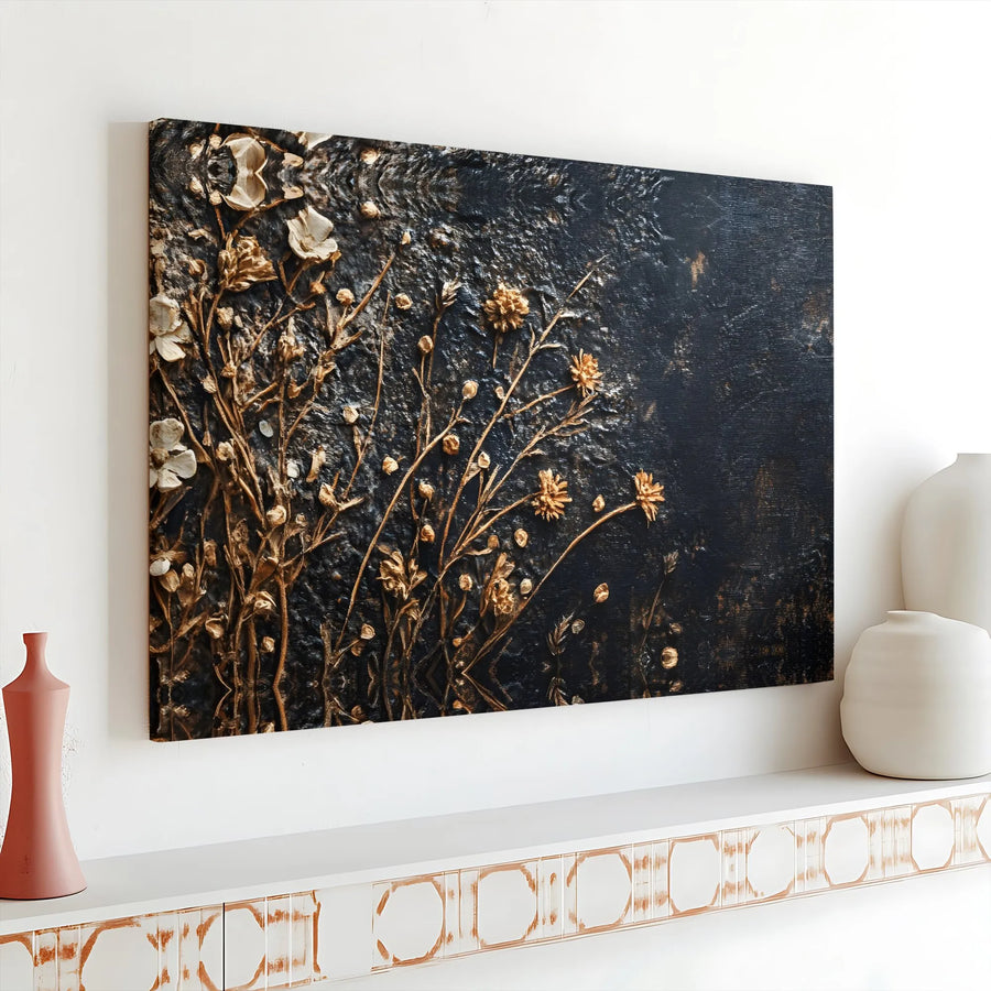 Gilded Floral Canvas Wall Art | Golden Dried Flowers on Textured Black Background | Premium Gallery Wrap Print | Modern Luxury Home Decor