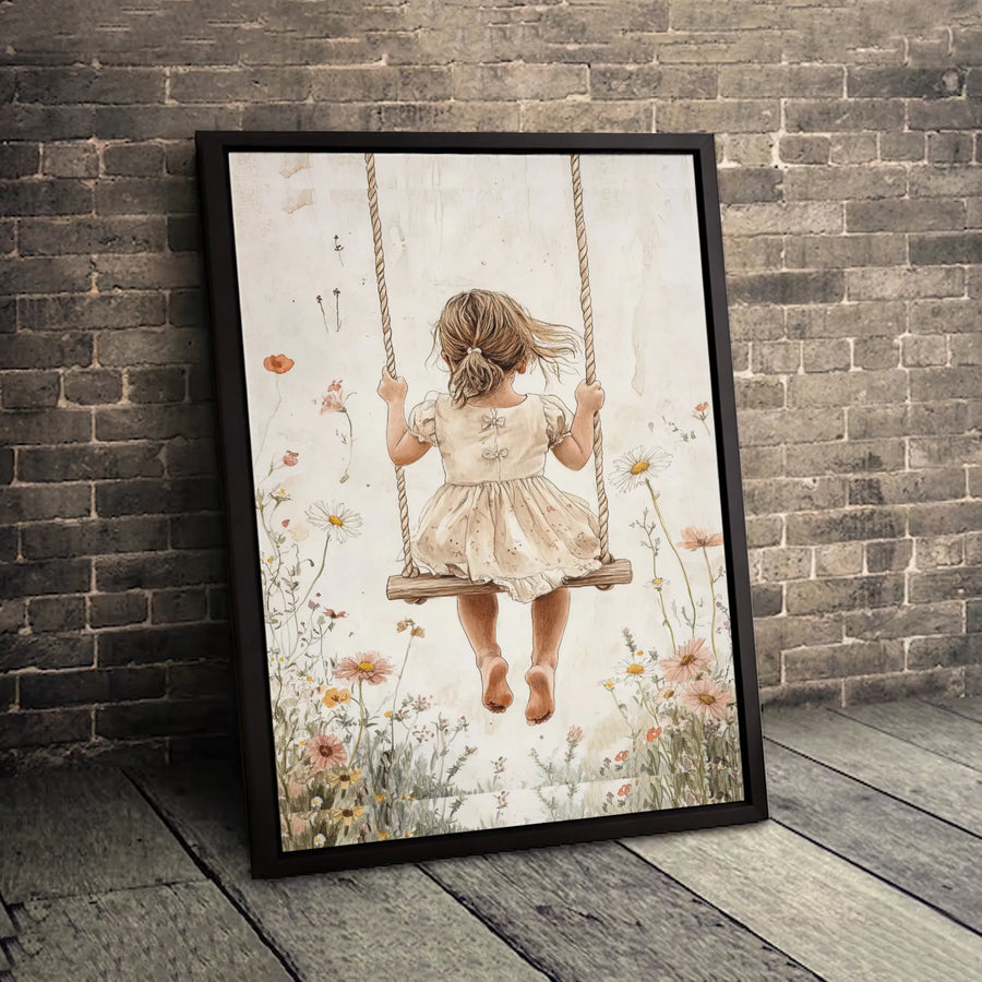 Little Girl On Swing Canvas Art | Watercolor Wildflower Meadow Print | 1.25-Inch Gallery Wrap | Whimsical Nursery & Home Decor Gift