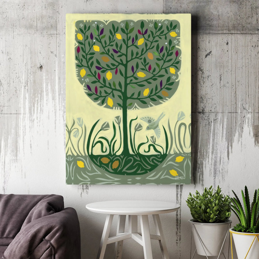 Tree of Life Canvas Wall Art | Folk Art Lemon Tree Illustration | Premium Thick Gallery Wrap | Kitchen & Living Room Decor Gift
