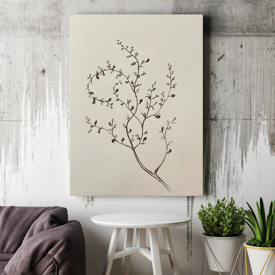 Minimalist Botanical Wall Art | Fine Line Leafy Sprig Sketch | Gallery Quality Premium Canvas | Neutral Home Decor Gift