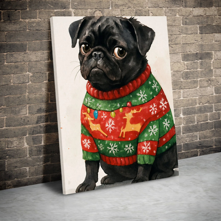 Black Pug Christmas Canvas Wall Art | Watercolor Ugly Sweater Dog Portrait | Premium 1.25" Gallery Wrap | Holiday Gift for Dog Lovers