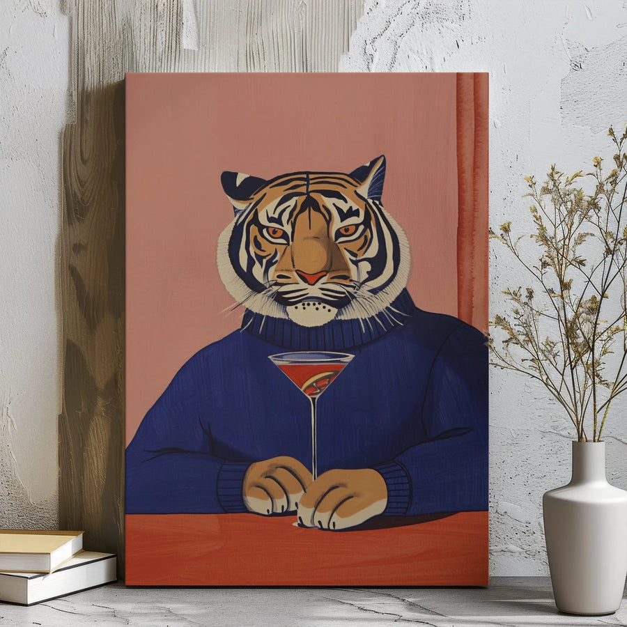 Tiger Canvas Wall Art | Dapper Tiger in Blue Turtleneck with Martini | Gallery Wrap Premium Print | Unique Modern Living Room Decor