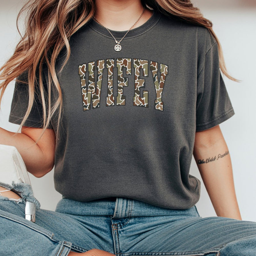 Wifey T-Shirt | Camo Varsity Letter Graphic | Premium 100% Cotton Tee | Gift for Wife Newlywed Hunting Fan