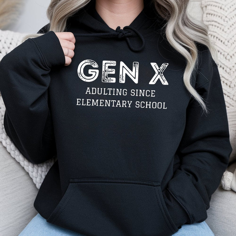 Gen X Hoodie | Adulting Since Elementary School Funny Quote | Premium Cotton-Blend Pullover | Retro Sarcastic Gift for Men and Women