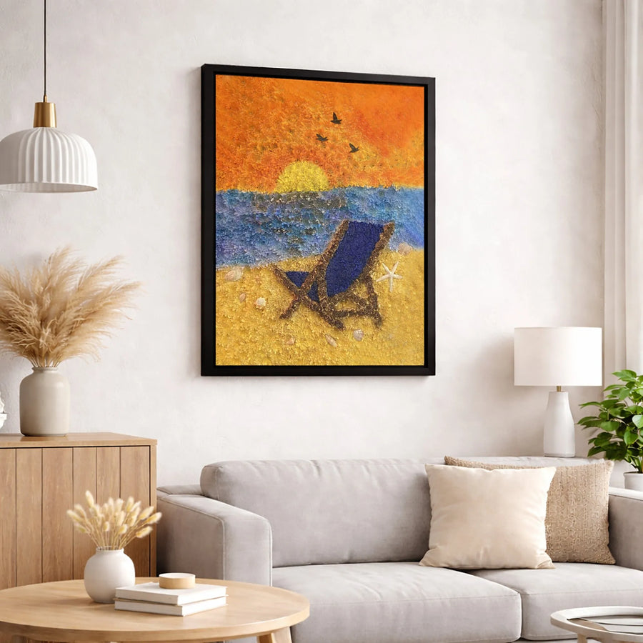 Beach Sunset Canvas Wall Art | Relaxing Coastal Chair Scene | Premium Gallery-Wrapped Print | Coastal Home Decor for Living Room