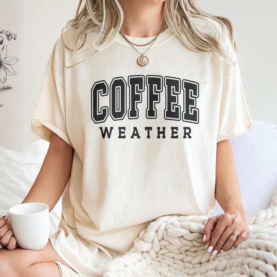 Coffee Weather T-Shirt | Varsity Lettering Graphic Tee | 100% Cotton Premium Quality | Cozy Fall Outfit Gift for Coffee Lovers