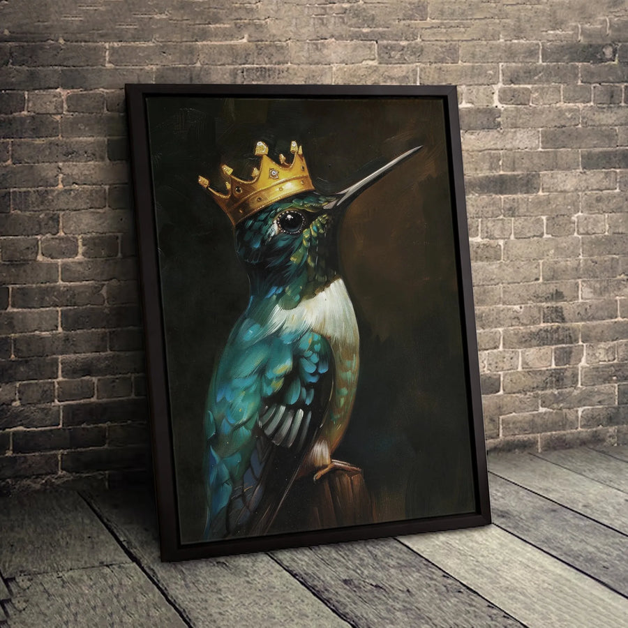 Hummingbird Wall Art | Majestic Bird Wearing Gold Crown Portrait | Gallery Wrapped Canvas Print | Elegant Nature Home Decor Gift