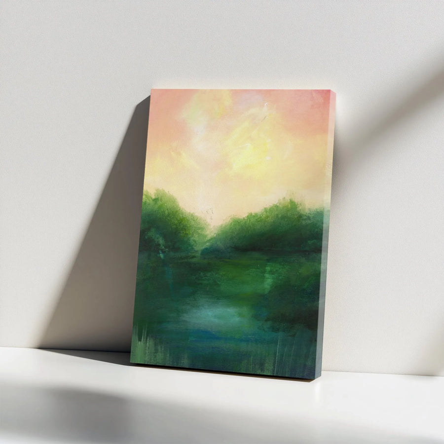 Abstract Forest Vertical Canvas | Serene River Landscape Painting | Premium Thick Gallery Wrap | Modern Living Room Decor Gift