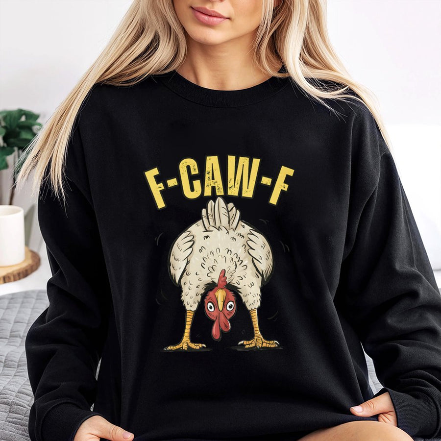 Funny Chicken Sweatshirt | F-Caw-F Farm Animal Graphic | Premium Cotton Blend Crewneck | Humorous Country Life Gift For Chicken Lovers