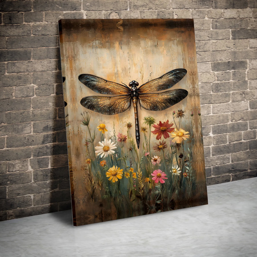 Dragonfly Wildflower Canvas Print | Rustic Botanical Insect Art | Premium Gallery Wrapped Canvas | Nature Lover Home Decor Gift