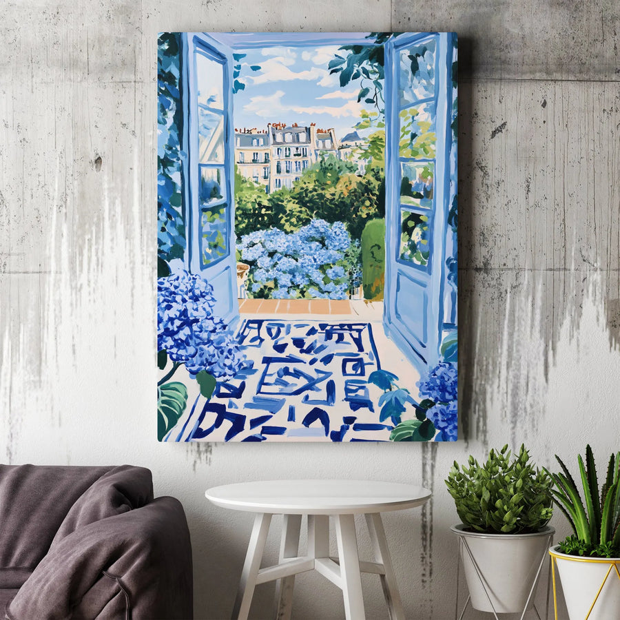 French Window Canvas Wall Art | Blue Hydrangea Parisian Balcony View | Premium Thick Gallery Wrap | French Country Home Decor Gift