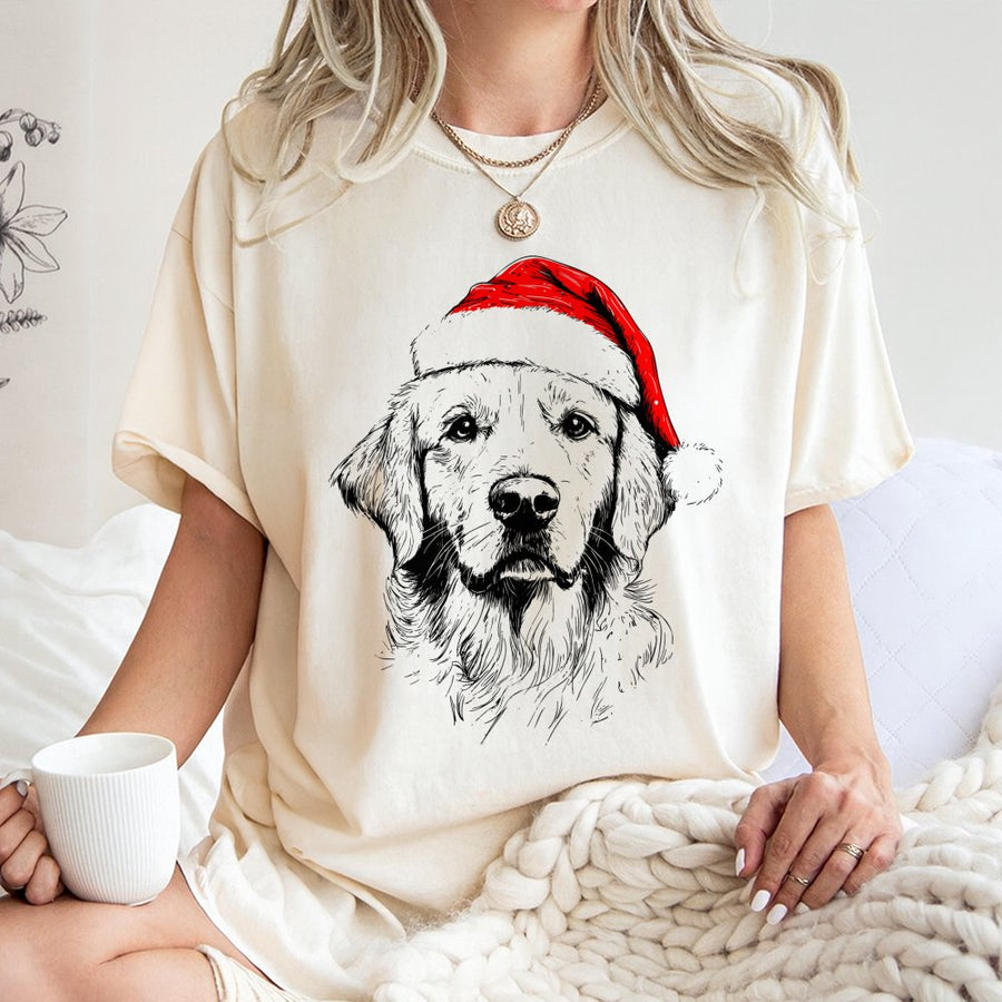 Golden Retriever Christmas T-Shirt | Santa Hat Dog Graphic Print | 100% Cotton Premium Tee | Festive Gift for Dog Lovers and Pet Owners