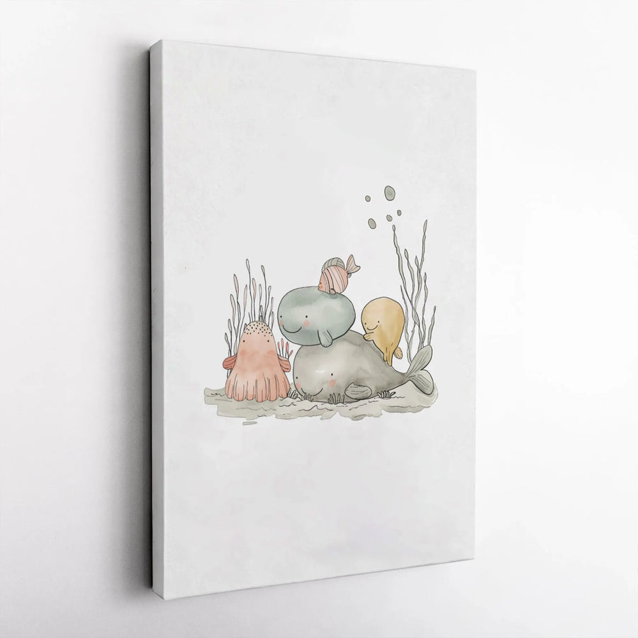 Cute Sea Creature Canvas Wall Art | Whales Jellyfish Illustration Print | Premium Gallery-Wrapped 1.25" Profile | Nursery Decor Gift for Kids