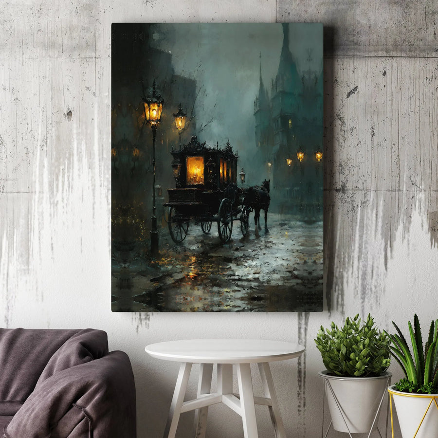 Gothic Horse Carriage Wall Art | Moody Victorian Street Canvas Print | Premium Gallery Wrapped Decor | Dark Academia Gift for Home Office