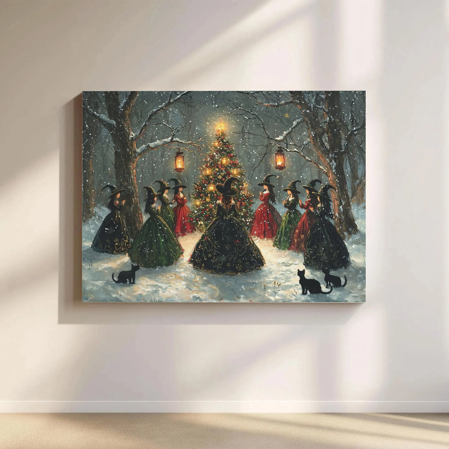 Witchy Christmas Canvas Wall Art | Vintage Coven Gathering in Snowy Forest | Premium Canvas Print | Gothic Holiday Decor Gift