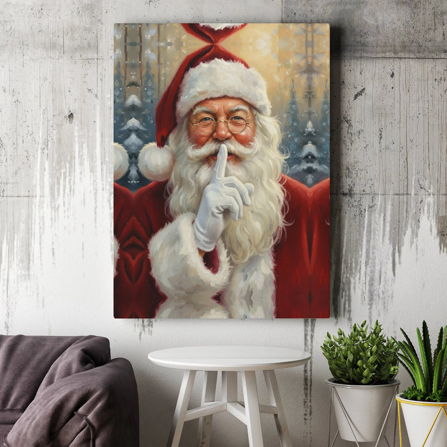 Santa Claus Shushing Gesture Canvas Art | Whimsical Secret Santa Wall Decor | Premium 1.25 Inch Gallery Wrap | Festive Christmas Holiday Home Gift