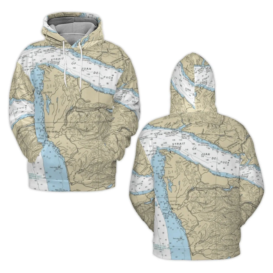 Strait of Juan de Fuca Nautical Map Hoodie | All-Over Print 3D Design | Soft Brushed Fleece | Sailor Gift for Mariners and PNW Coast Lovers