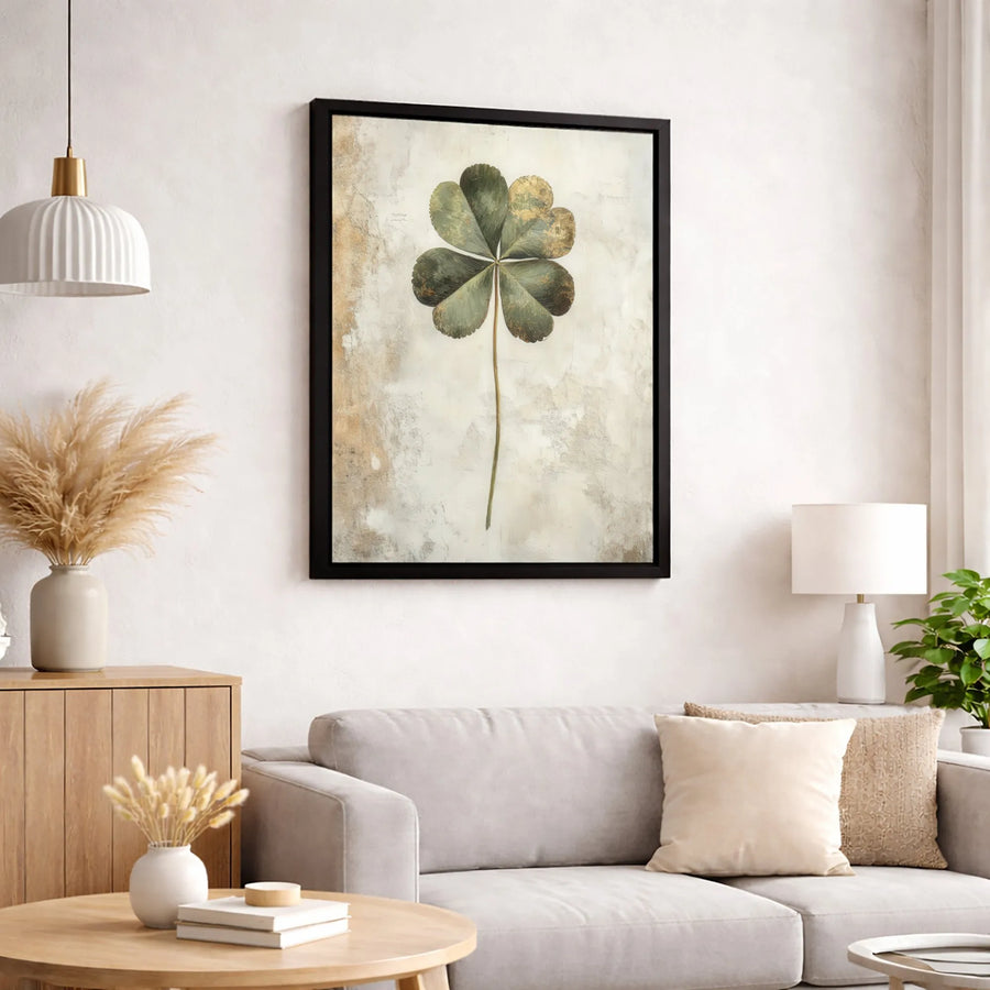 Four Leaf Clover Canvas Wall Art | Vintage Distressed Botanical Print | Premium Fade-Resistant Gallery Wrap | Lucky Home Decor Gift