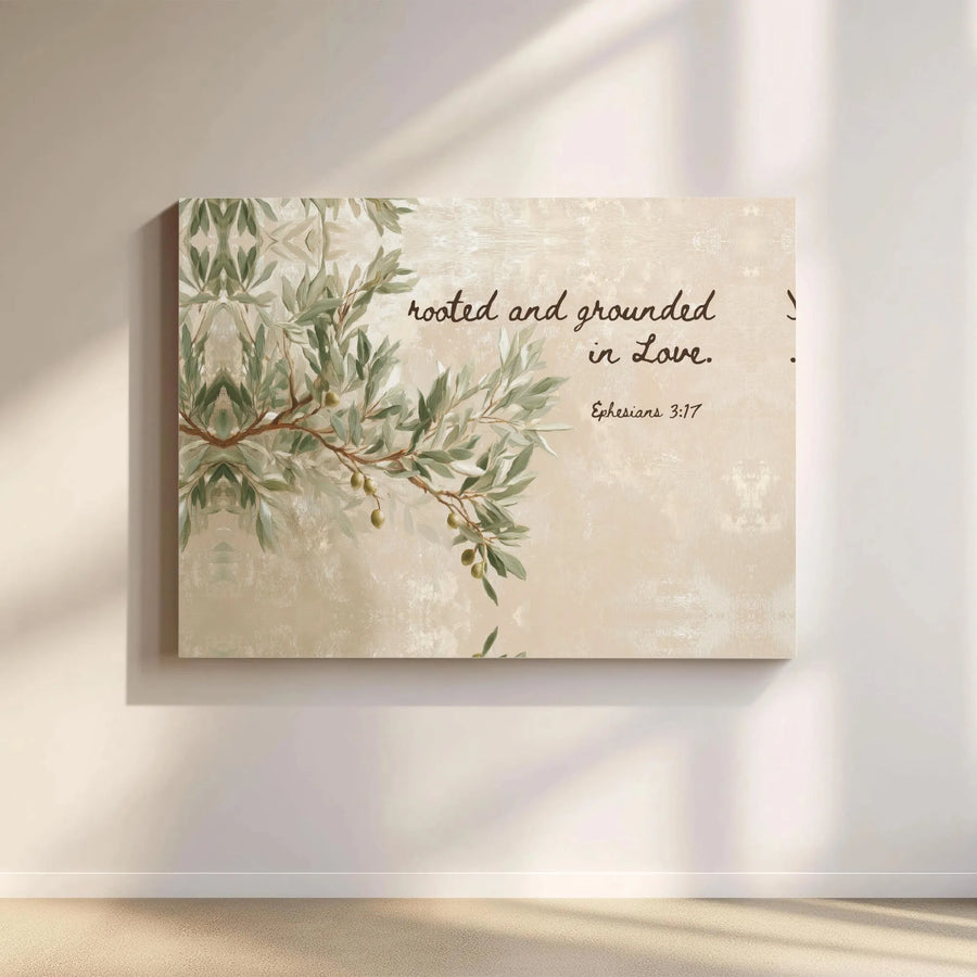 Rooted and Grounded in Love Canvas Wall Art | Scripture Ephesians 3:17 Olive Branch Print | Premium Gallery Wrap Decor | Christian Home Gift