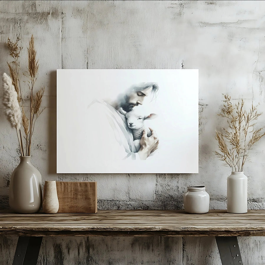 Jesus Holding A Lamb Wall Art | Soft Watercolor Religious Painting | Gallery-Wrapped Canvas Print | Christian Home Decor Gift