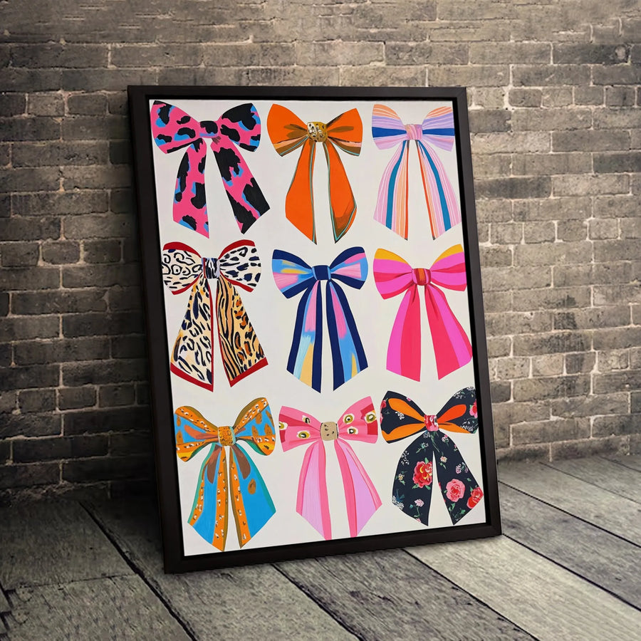 Colorful Bow Print Wall Art | Preppy Aesthetic Ribbon Gallery Canvas | Premium Fade-Resistant Decor | Gift for Her Bedroom Dorm