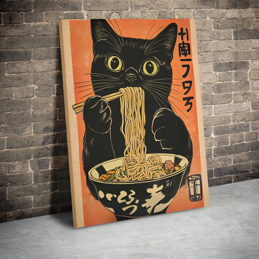 Black Cat Ramen Wall Art | Japanese Ukiyo-e Style Illustration | Premium Gallery Canvas | Cute Kitchen & Dining Room Decor Gift