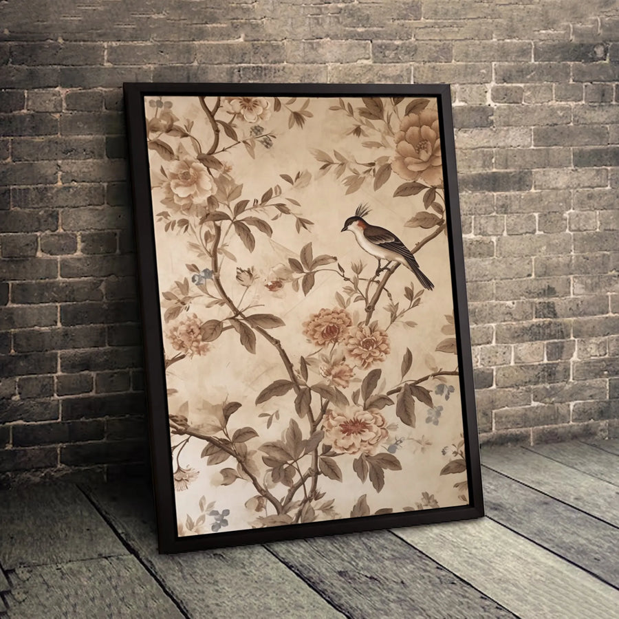 Vintage Chinoiserie Bird Wall Art | Peony Flower Botanical Print | Premium 1.25-Inch Gallery Canvas | Elegant Home Office Decor Gift