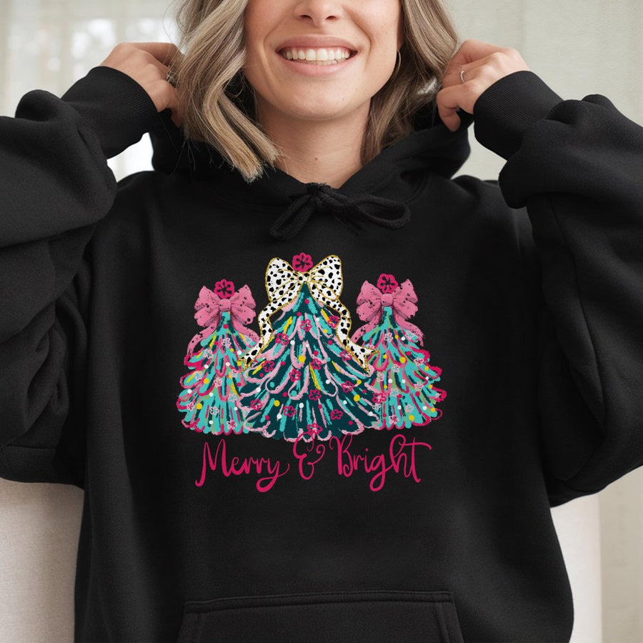 Merry And Bright Hoodie | Preppy Christmas Tree Coquette Bow Graphic | Premium Cotton Blend | Gift For Women & Teens