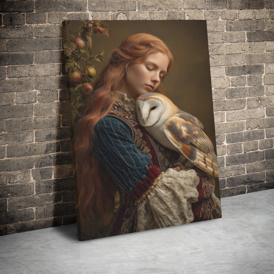 Renaissance Woman With Owl Canvas Print | Dark Academia Portrait Wall Art | Premium Stretched Gallery Wrap | Gothic Home Decor Gift For Her