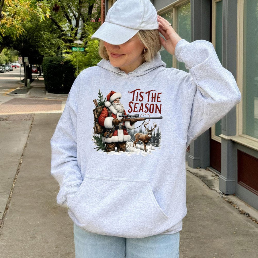 Tis The Season Santa Hunting Hoodie | Funny Deer Hunter Christmas Graphic | Premium Cotton Blend Apparel | Unique Gift For Hunters Men Women