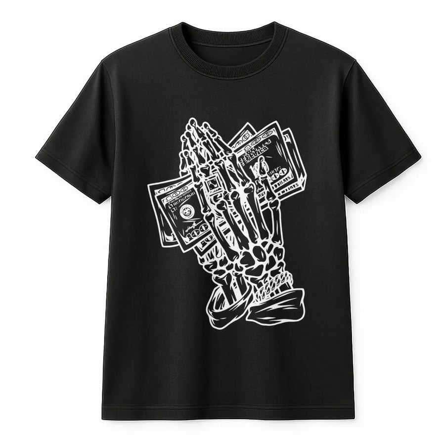Skeleton Prayer Money T-Shirt | Edgy Gothic Streetwear Graphic | Premium Soft Cotton | Unisex Hip Hop Gift for Men and Women