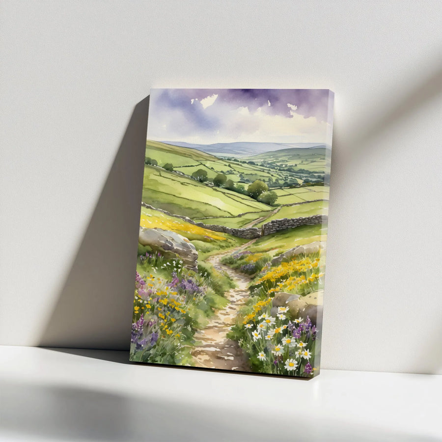 English Countryside Canvas Wall Art | Watercolor Wildflower Landscape | Premium Gallery Wrap Print | Cottagecore Home Decor Gift