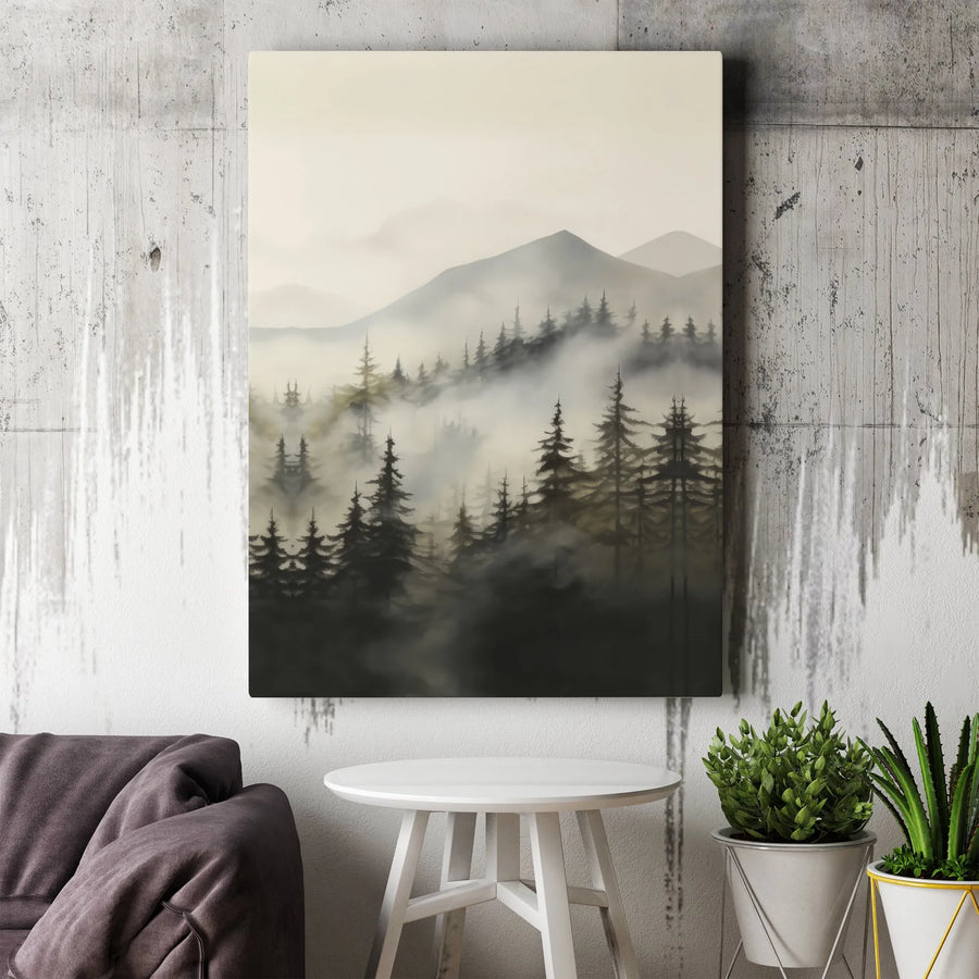 Misty Mountain Forest Canvas Wall Art | Foggy Pine Trees Landscape | Premium Gallery Wrap Stretched Print | Nature Lover Home Office Decor