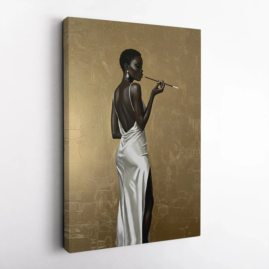 Black Woman Art Print | Elegant Fashion Lady in White Dress | Premium Gallery Wrap Canvas | Luxury Home Decor Gift for Her