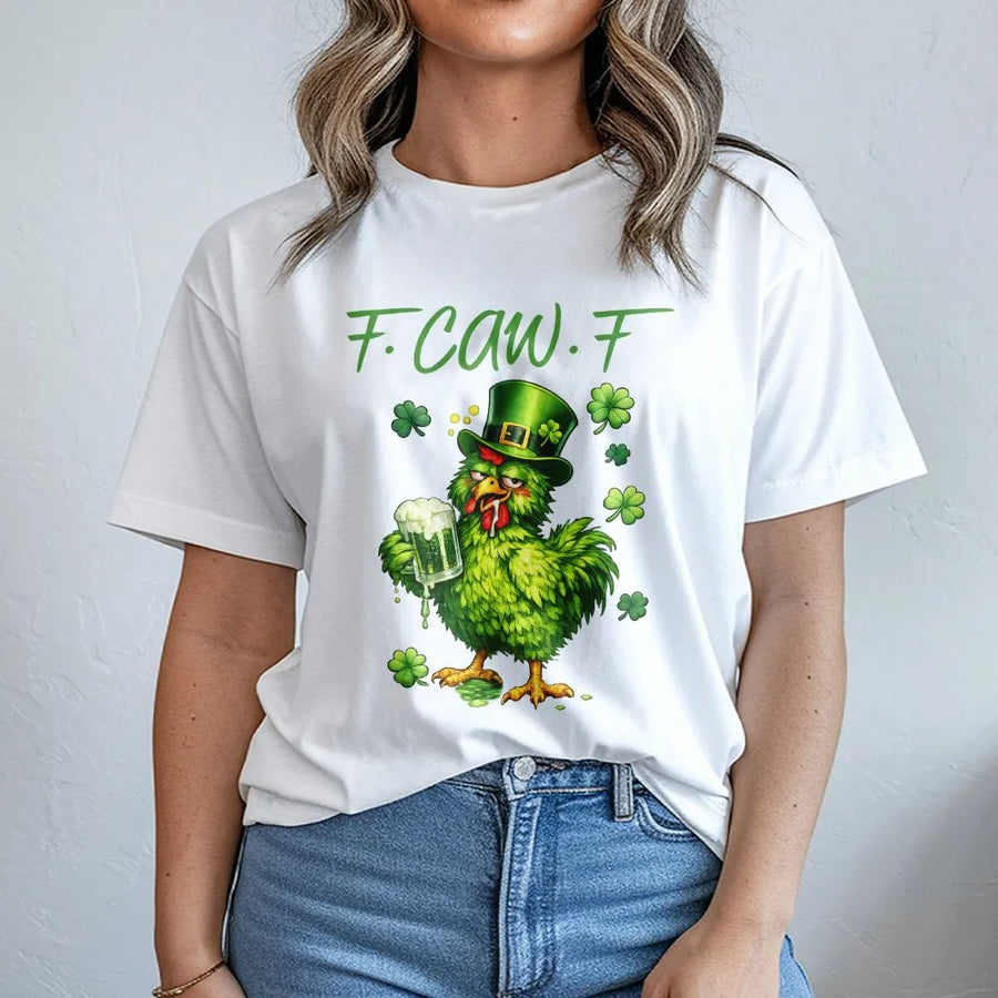 F.Caw.F St. Patrick's Day T-Shirt | Funny Irish Chicken Drinking Beer Graphic | 100% Premium Cotton Tee | Unique Gift For Men And Women