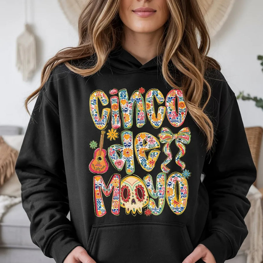 Cinco De Mayo Hoodie | Floral Sugar Skull Graphic Sweatshirt | Soft Cotton Blend | Mexican Fiesta Party Gift for Women