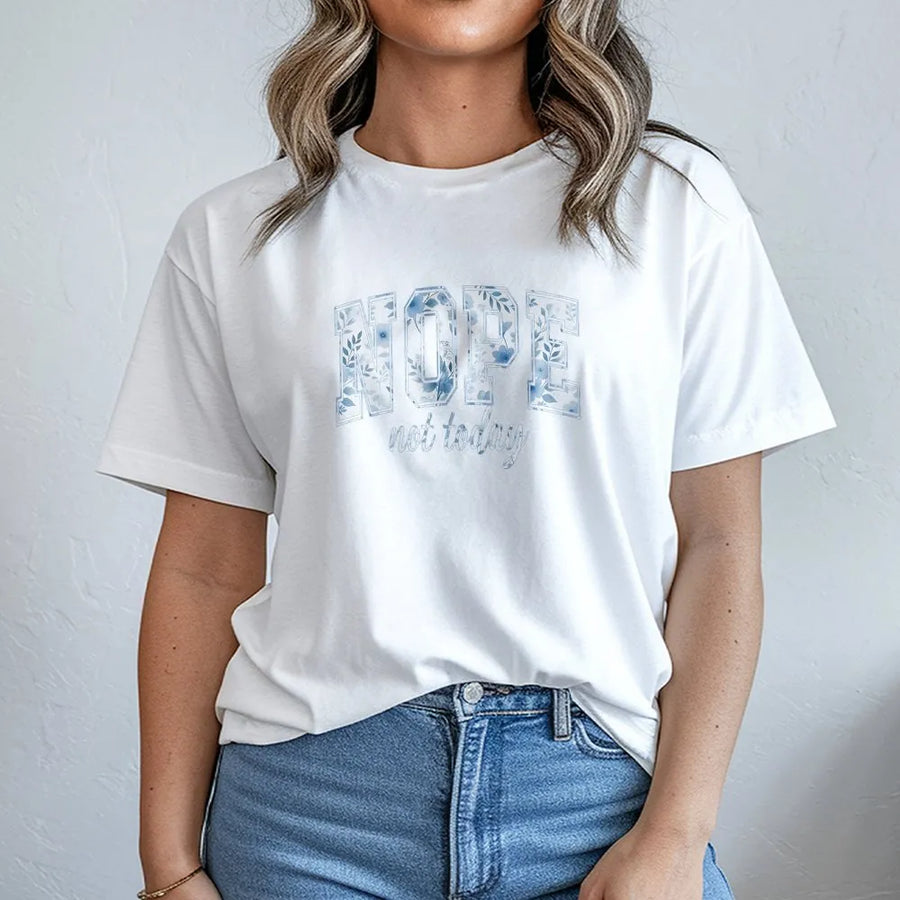 Nope Not Today T-Shirt | Blue Floral Block Letter Graphic Tee | Soft 100% Cotton | Funny Sassy Gift for Women
