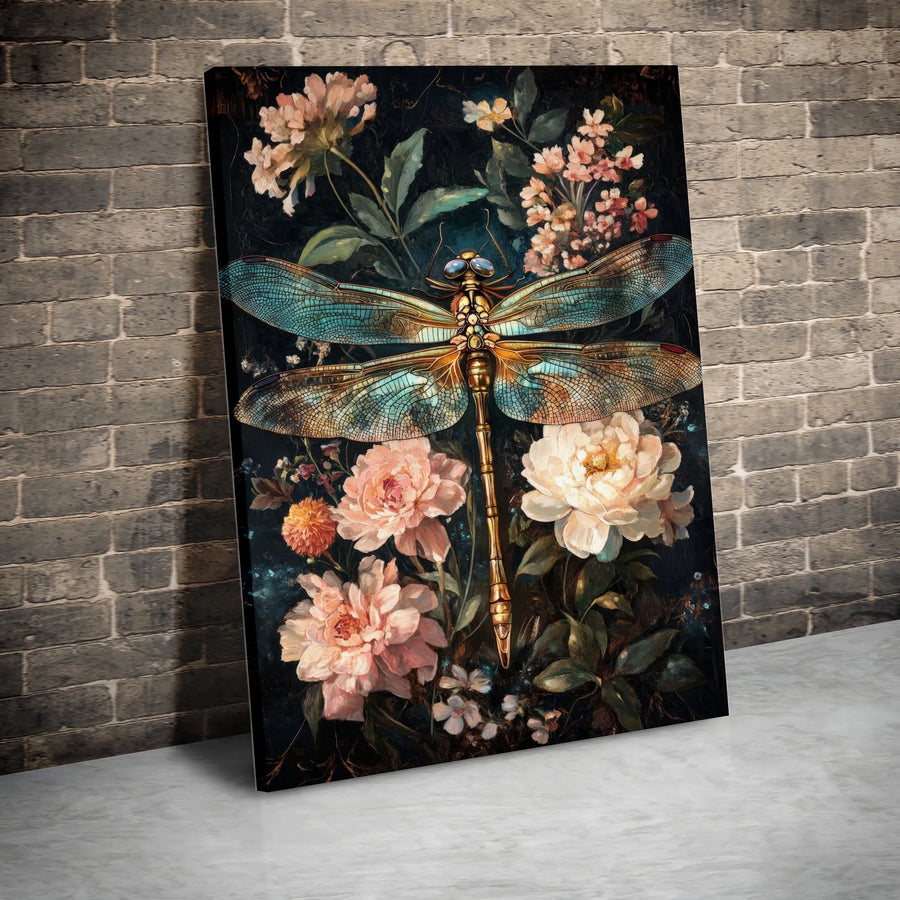 Dragonfly Wall Art | Dark Floral Peony Painting | Premium Gallery-Wrapped Canvas | Elegant Home Decor Gift for Nature Lovers