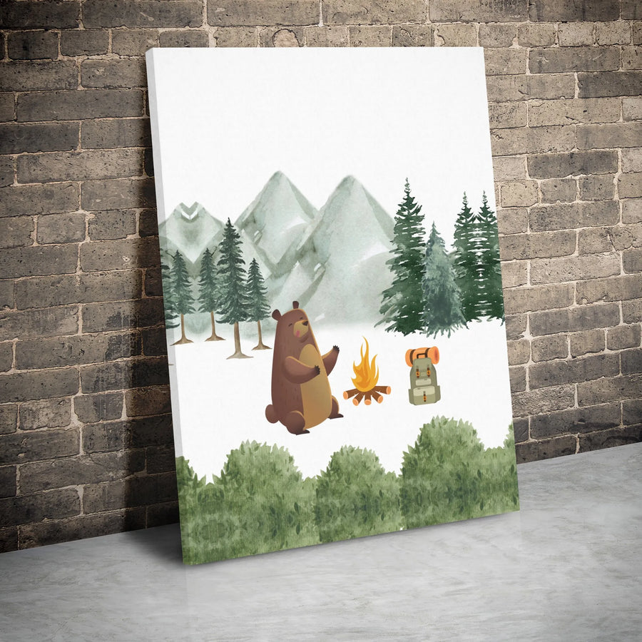 Watercolor Camping Bear Canvas Wall Art | Mountain Forest Scenery | Premium 1.25-Inch Gallery Wrap | Adventure Theme Nursery or Home Decor Gift