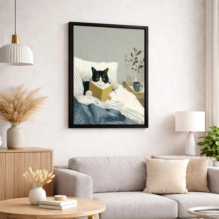 Tuxedo Cat Reading Book Canvas | Cozy Bedroom Wall Art | Premium 1.25 Inch Gallery Wrap | Cute Animal Gift For Cat Lovers