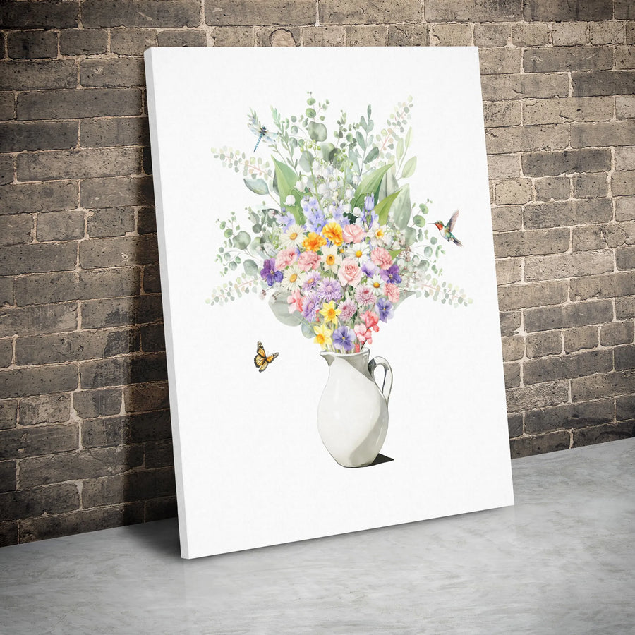 Watercolor Flower Bouquet Canvas Wall Art | Botanical Hummingbird & Butterfly Print | Premium 1.25" Gallery Wrap | Elegant Nature Home Decor Gift