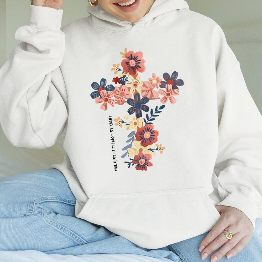 Walk By Faith Not By Sight Hoodie | Floral Cross Religious Graphic | Premium Cotton Blend | Christian Gift for Women and Men