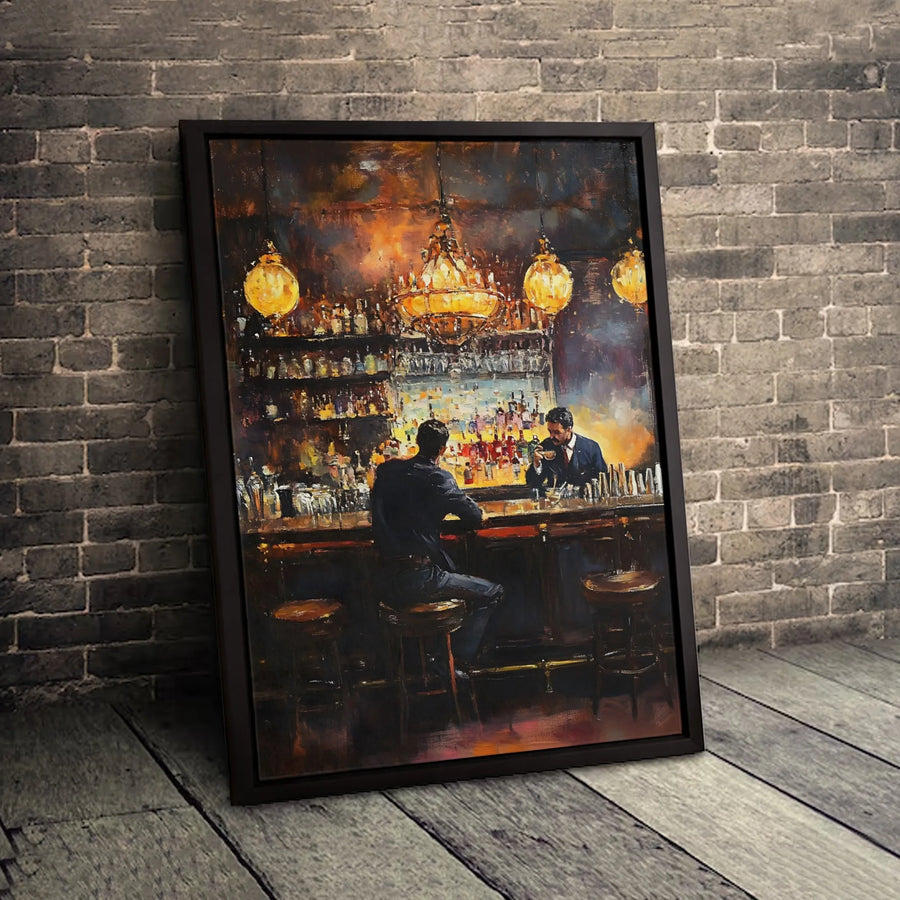 Vintage Bar Painting Canvas Art | Impressionist Nightlife Scene | Premium Gallery-Wrapped Print | Moody Home Decor for Man Cave