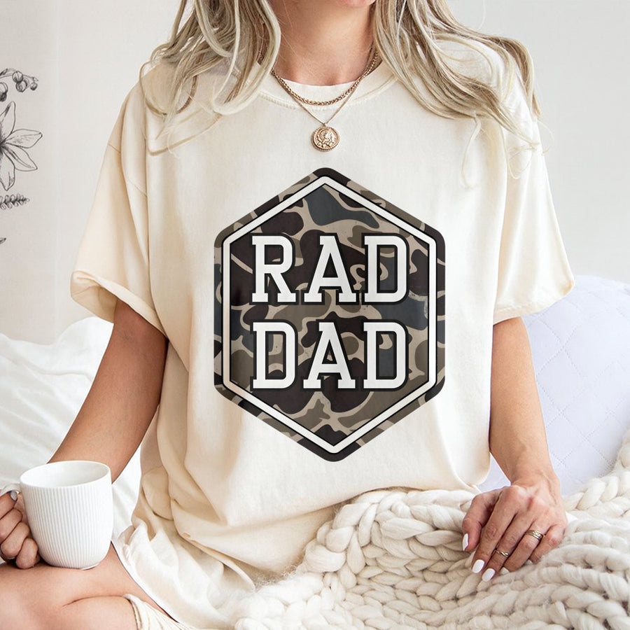 Rad Dad Camo T-Shirt | Hexagon Military Camouflage Graphic | 100% Soft Cotton Premium Tee | Funny Father's Day 2026 Gift for Dad