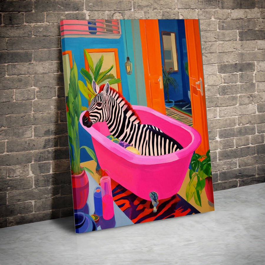 Zebra in Bathtub Canvas Wall Art | Vibrant Animal Pop Art with Pink Tub | Premium Gallery Canvas | Eclectic Bathroom Decor Gift