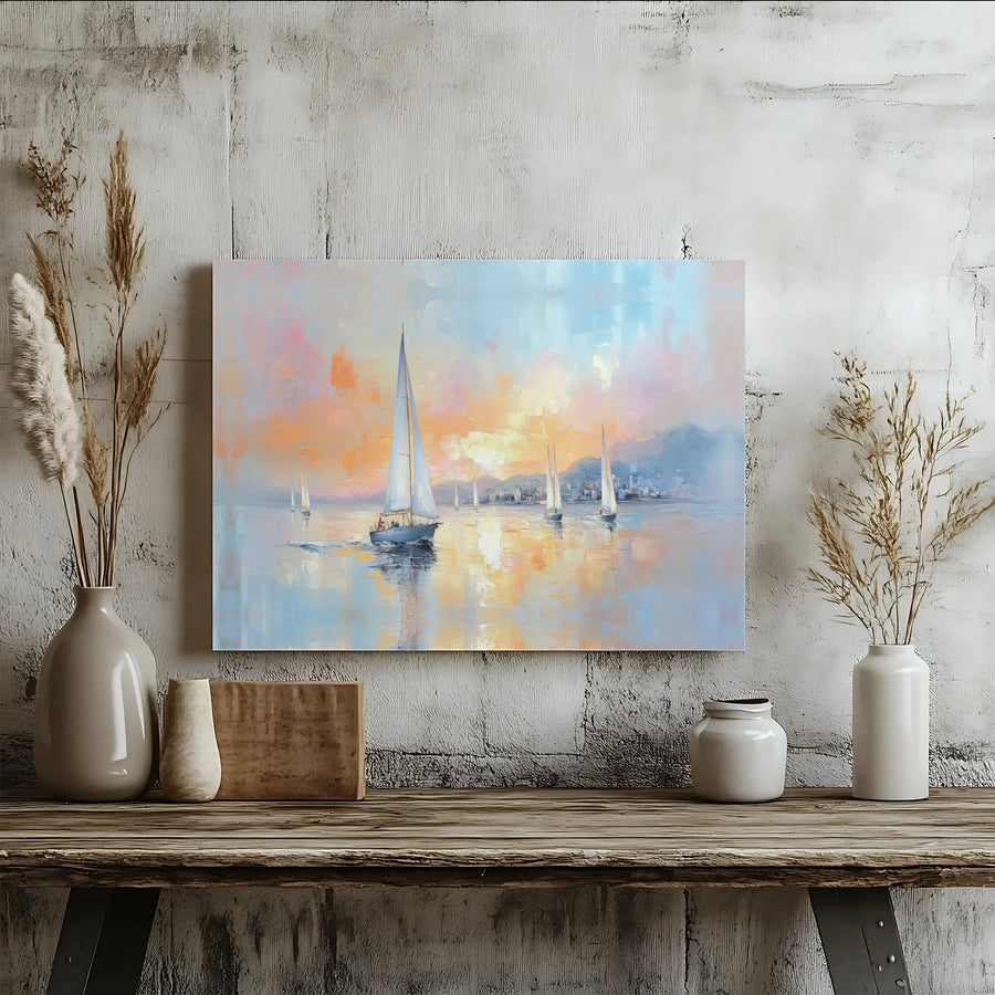 Sailboat Sunset Canvas Wall Art | Impressionist Seascape Painting | Premium Gallery Wrap Print | Coastal Home Decor Gift