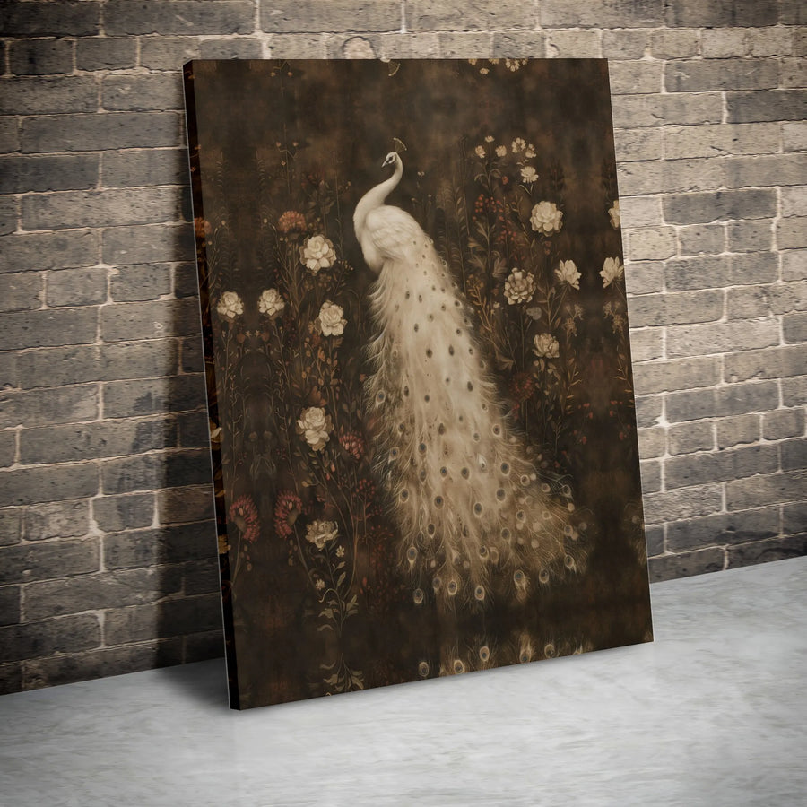 White Peacock Canvas Wall Art | Vintage Floral Dark Academia Print | Premium Stretched Canvas | Gothic Botanical Decor Gift